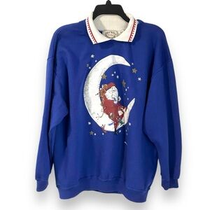 Vintage 90s Erika Christmas Sweatshirt Blue Collared Santa Pullover Size Large